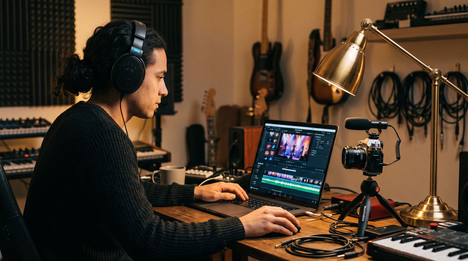 A performer in headphones editing a live show video on a laptop in a home studio