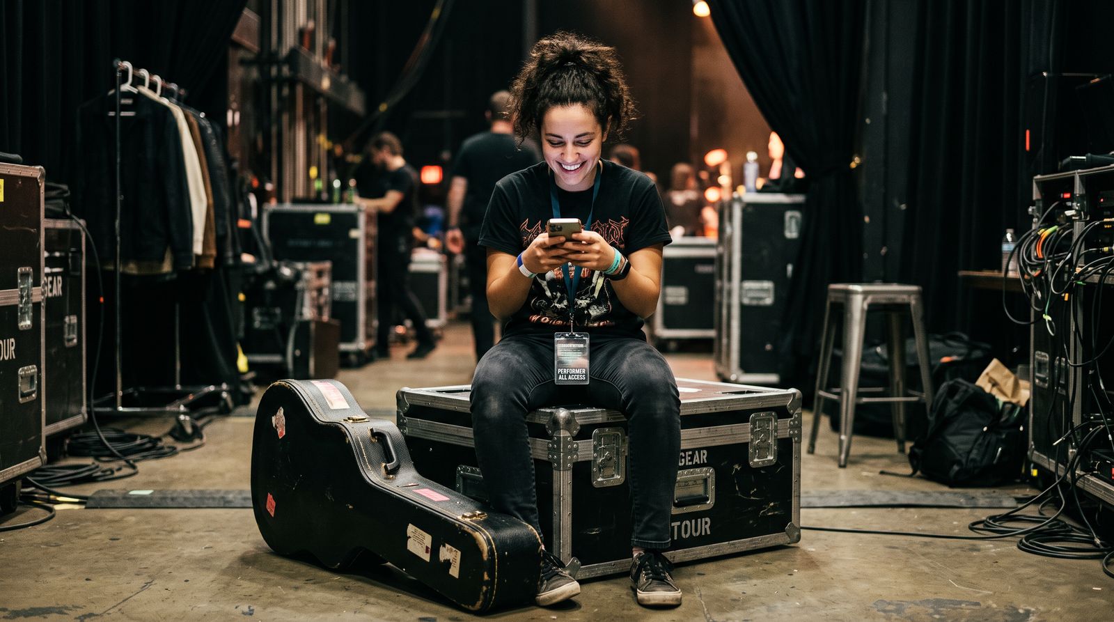 A performer sitting on a road case backstage, smiling while sending a message on a phone