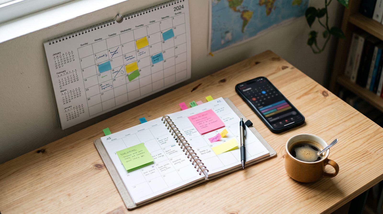 A wall calendar and an open planner covered in colored sticky notes beside a phone and coffee