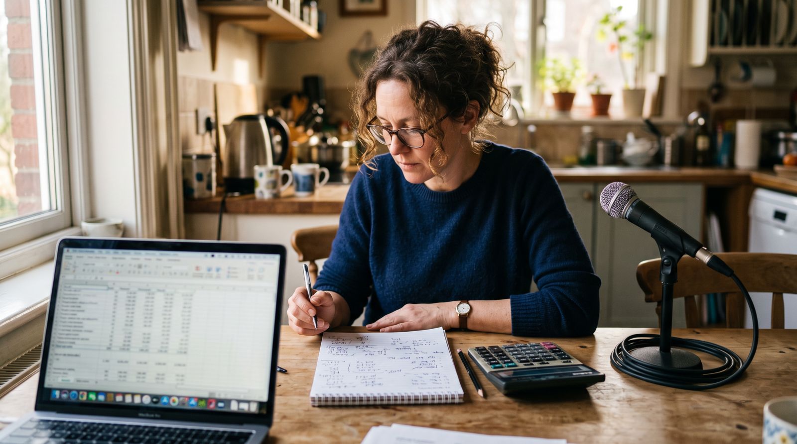 A performer working through numbers at a kitchen table with a laptop, notepad, calculator and microphone