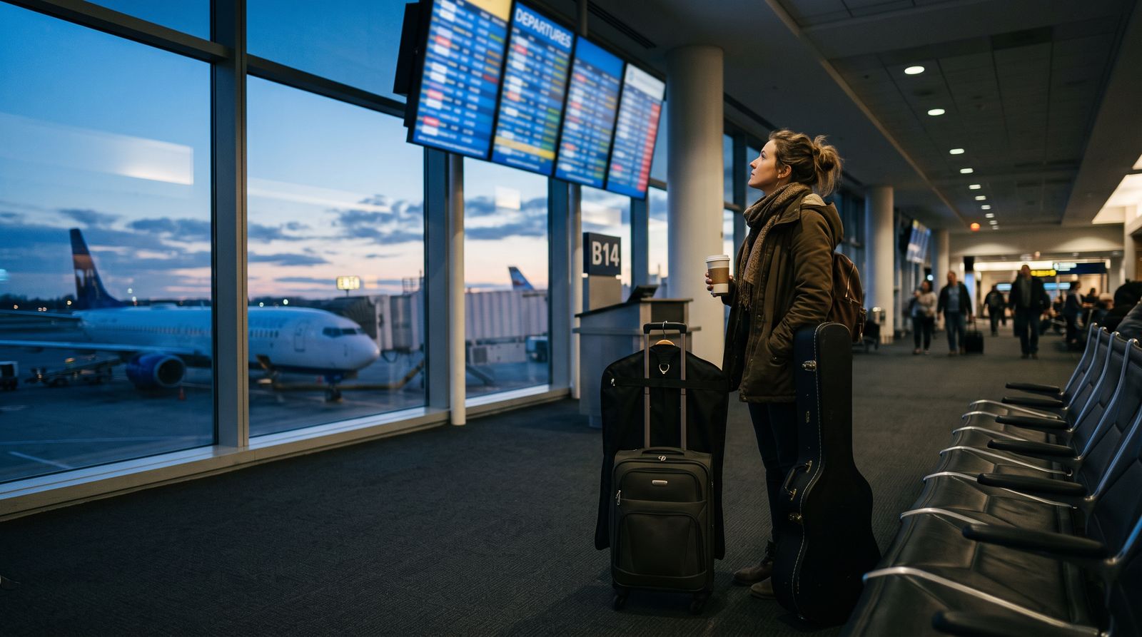 A performer with a suitcase and instrument case waiting at an airport gate at dawn