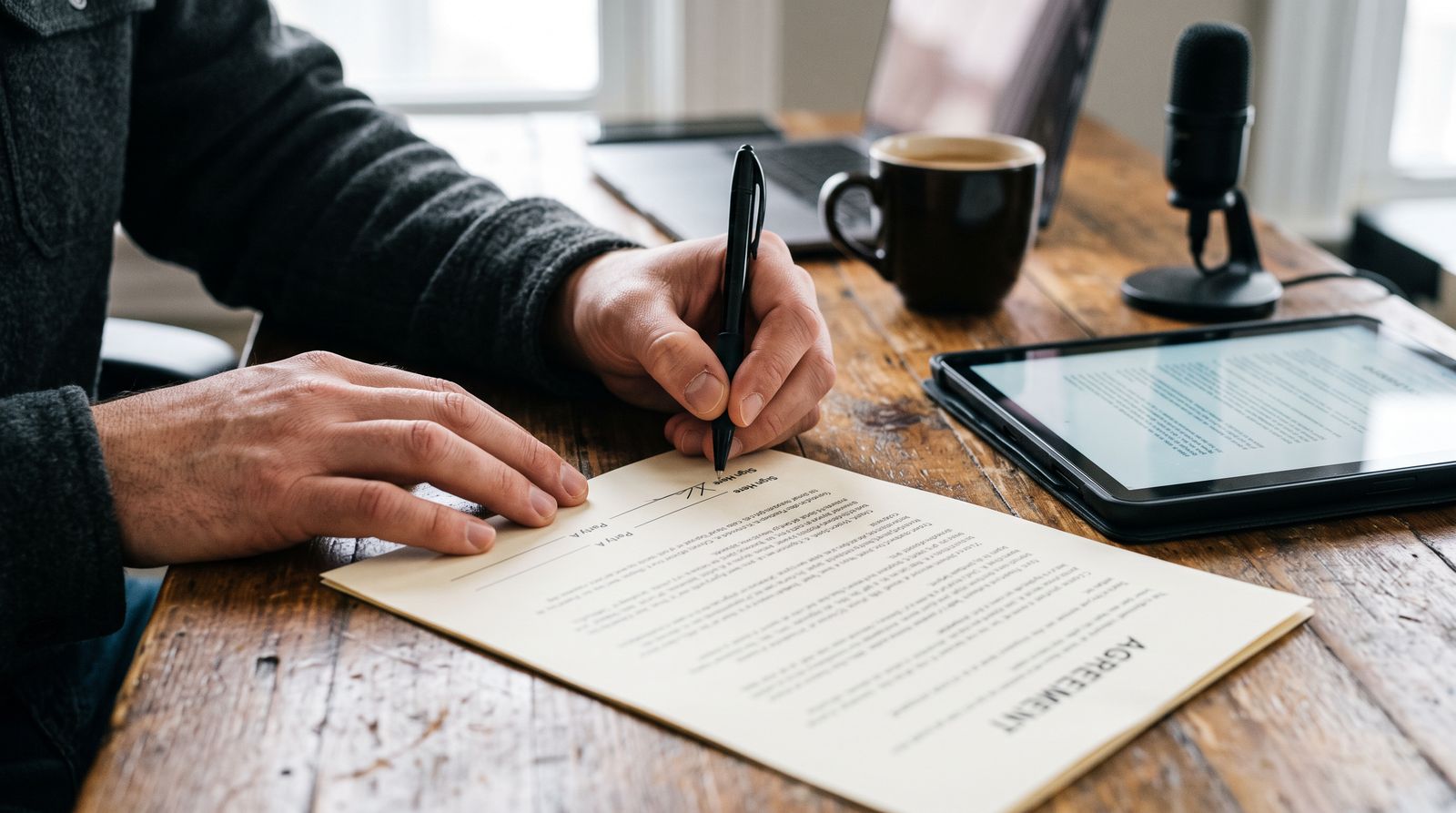Hands signing a printed performance agreement at a wooden desk next to a tablet and microphone