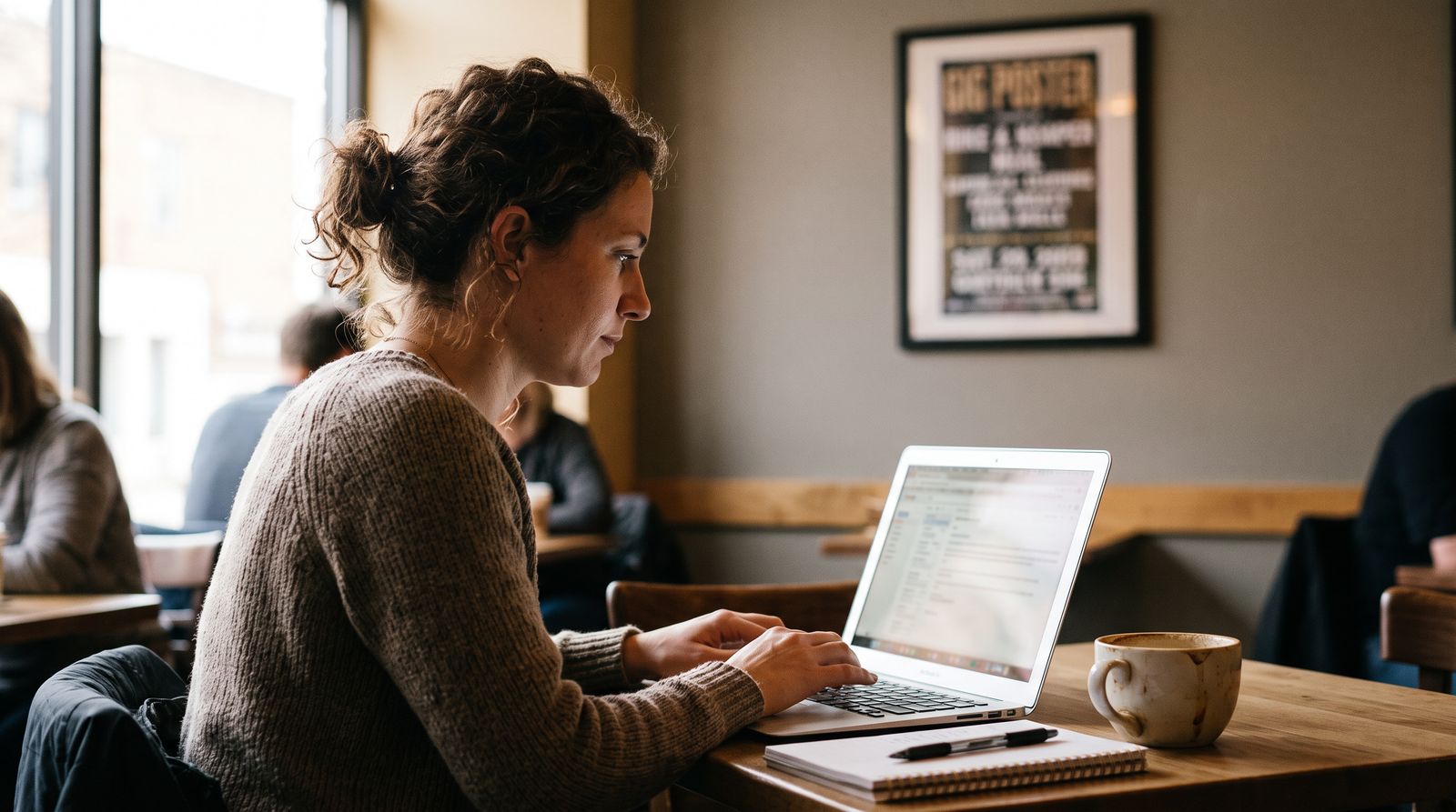 A performer writing an email on a laptop at a cafe table