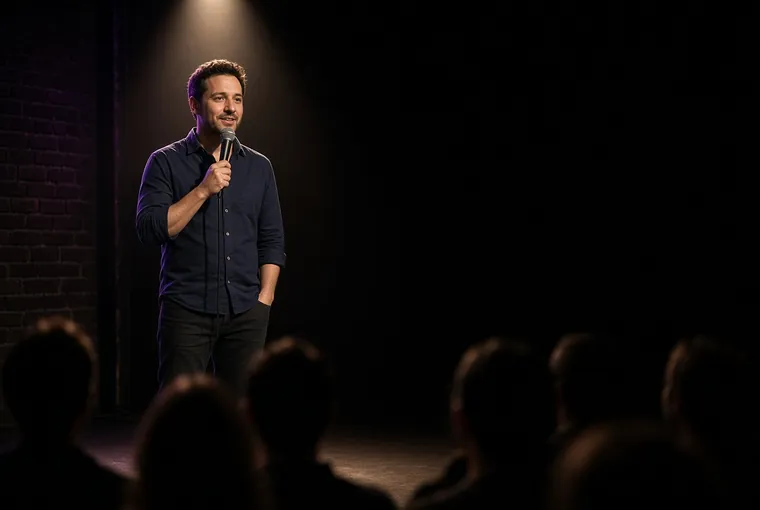 A comedian performing stand-up under a spotlight