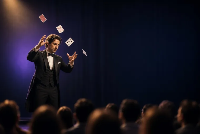 A magician on stage with playing cards floating in the air