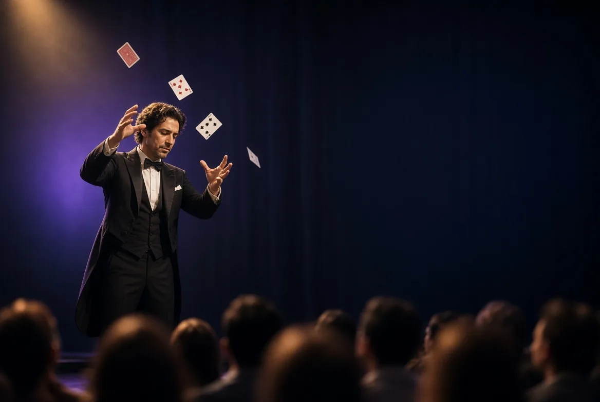 A magician on stage with playing cards floating in the air