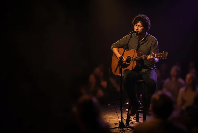 A singer-songwriter playing acoustic guitar for an audience