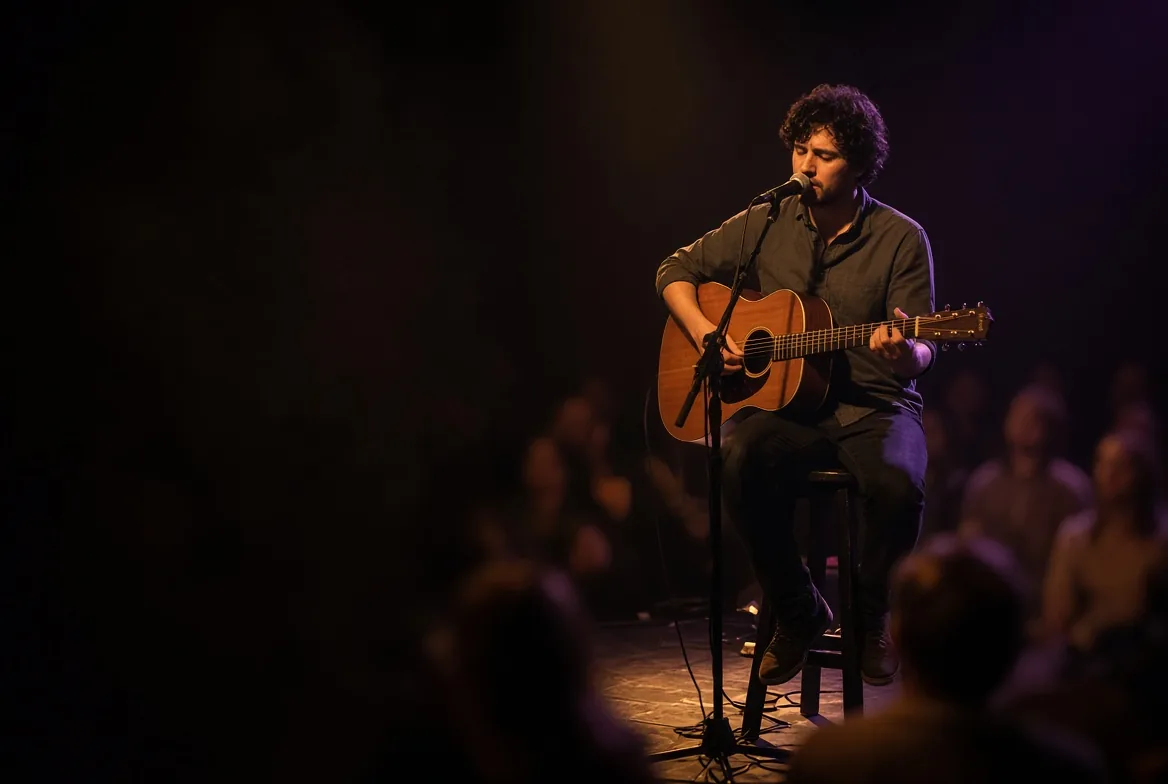 A singer-songwriter playing acoustic guitar for an audience