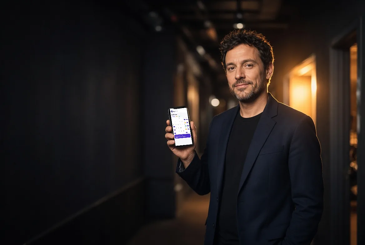 A performer backstage holding a phone that shows the GigTools calendar